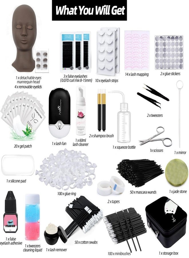 DNSGOOR Lash Extension Kit Professional Eyelash Extensions Practice Set with Mannequin Head Removable Eyelids USB Lash Fan Individual False Eyelash Shampoo Brush Glue Practical Tools for Beginners - Image 2